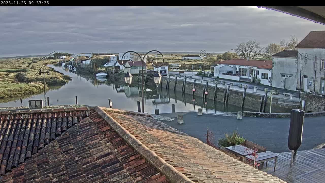 An overcast sky hangs over a tranquil canal with moored boats and a lock, bordered by buildings and flat, marshy land, all seen from an elevated perspective overlooking tiled rooftops.
