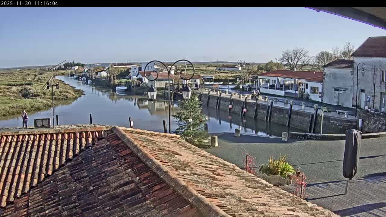 An overhead view reveals a tranquil canal or narrow river lined with docks and buildings, including a restaurant and houses, winding through a rural landscape with marshy fields in the distance, all under a bright, clear blue sky on a sunny day.