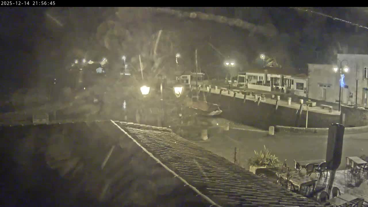 The image displays a very dark, grainy night sky with several faint white lights, suggesting clear weather.