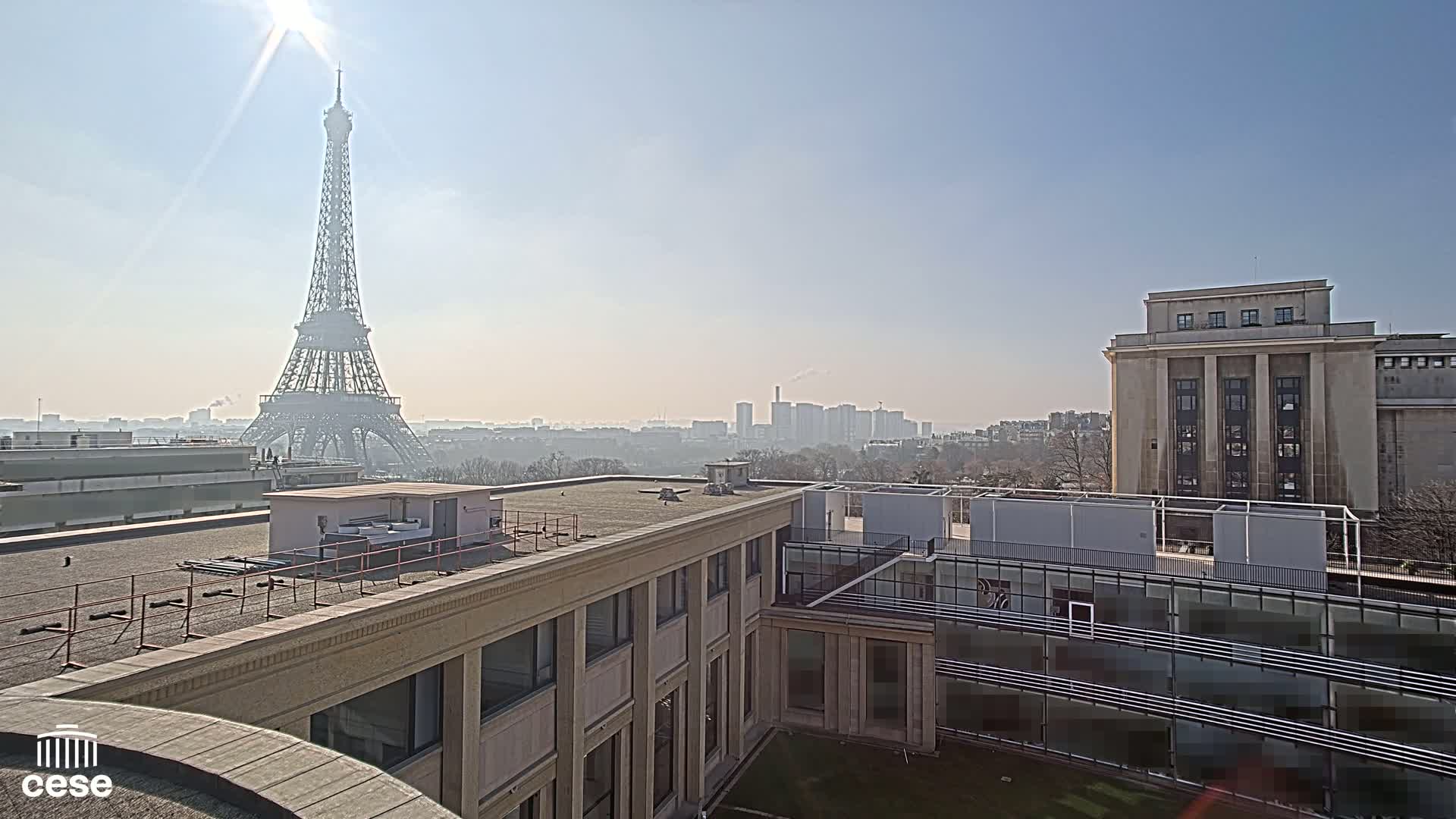 A sunny day reveals the Eiffel Tower in the distance, alongside a cityscape and buildings with flat roofs.