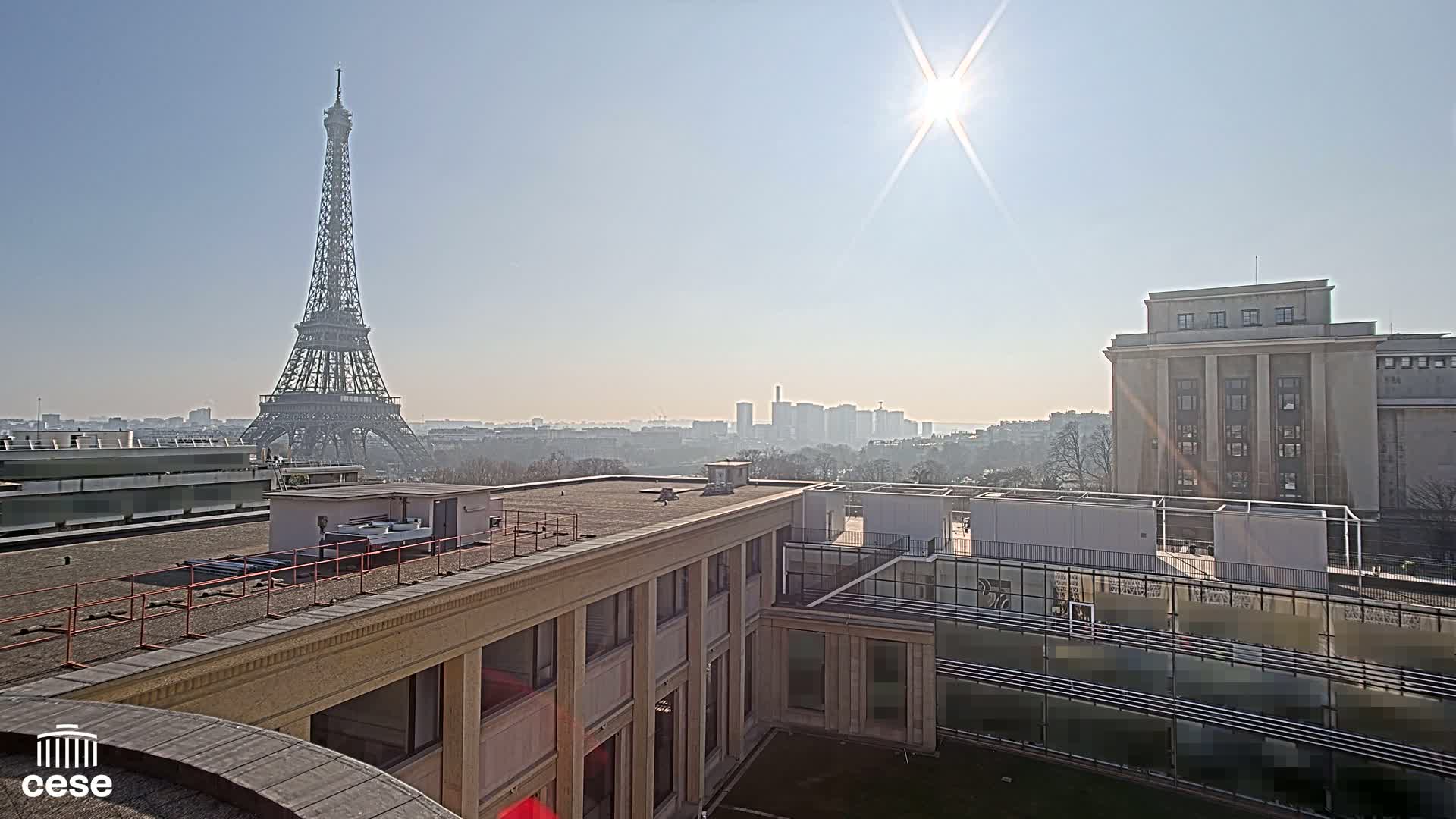 A rooftop view of Parisian buildings on a sunny day, with the Eiffel Tower visible in the distance.