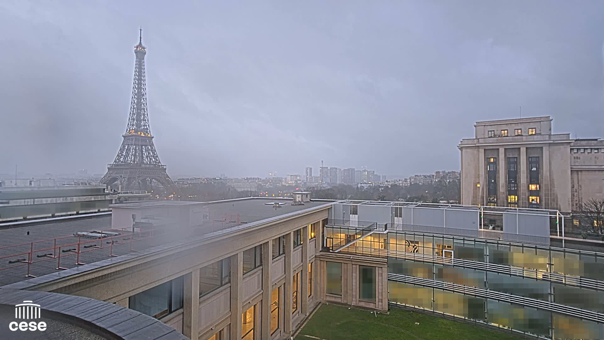 A hazy view of the Eiffel Tower and Parisian cityscape from a rooftop, showing buildings and a grassy courtyard in the foreground under an overcast sky.