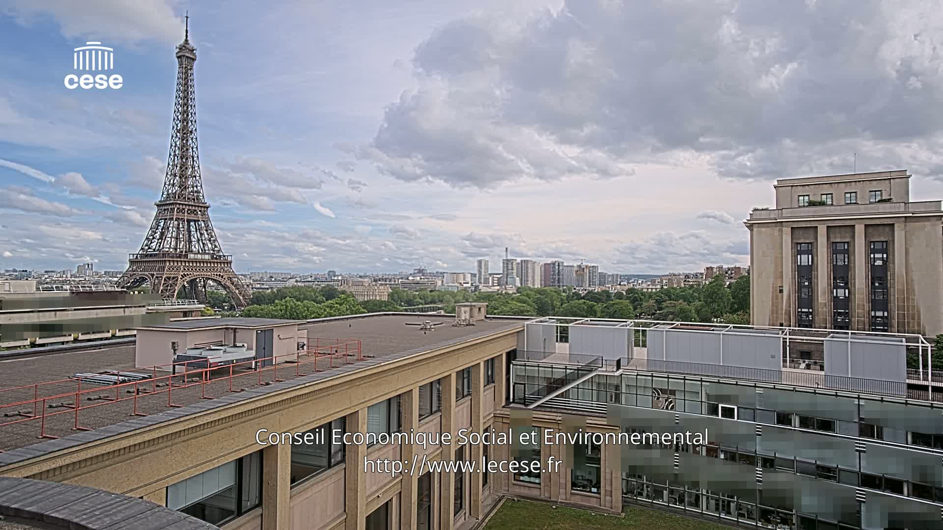 A rooftop view of Paris on a partly cloudy day, showcasing the Eiffel Tower in the distance and a cityscape beyond a green expanse.