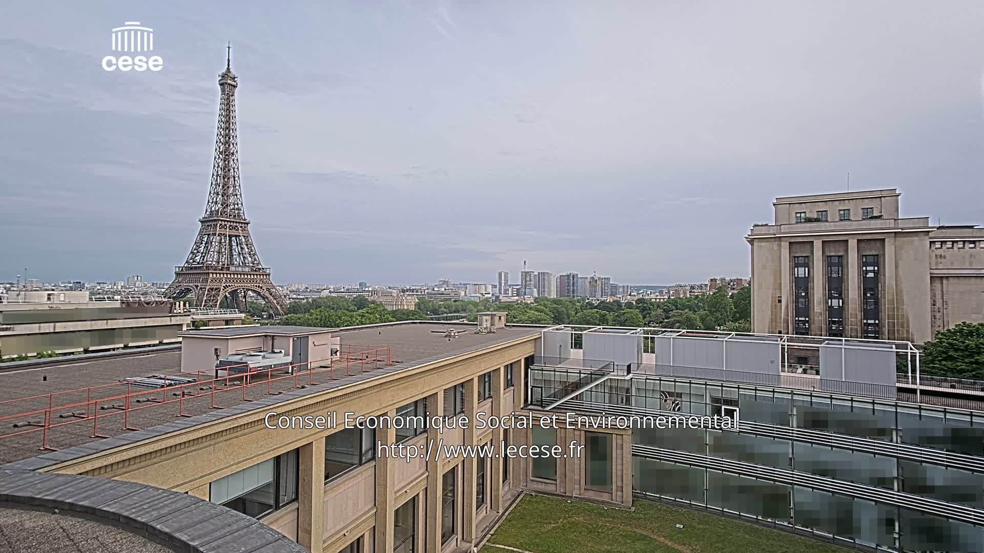 An elevated view shows the Eiffel Tower in the distance on an overcast day, with a cityscape and rooftops of buildings in the foreground.