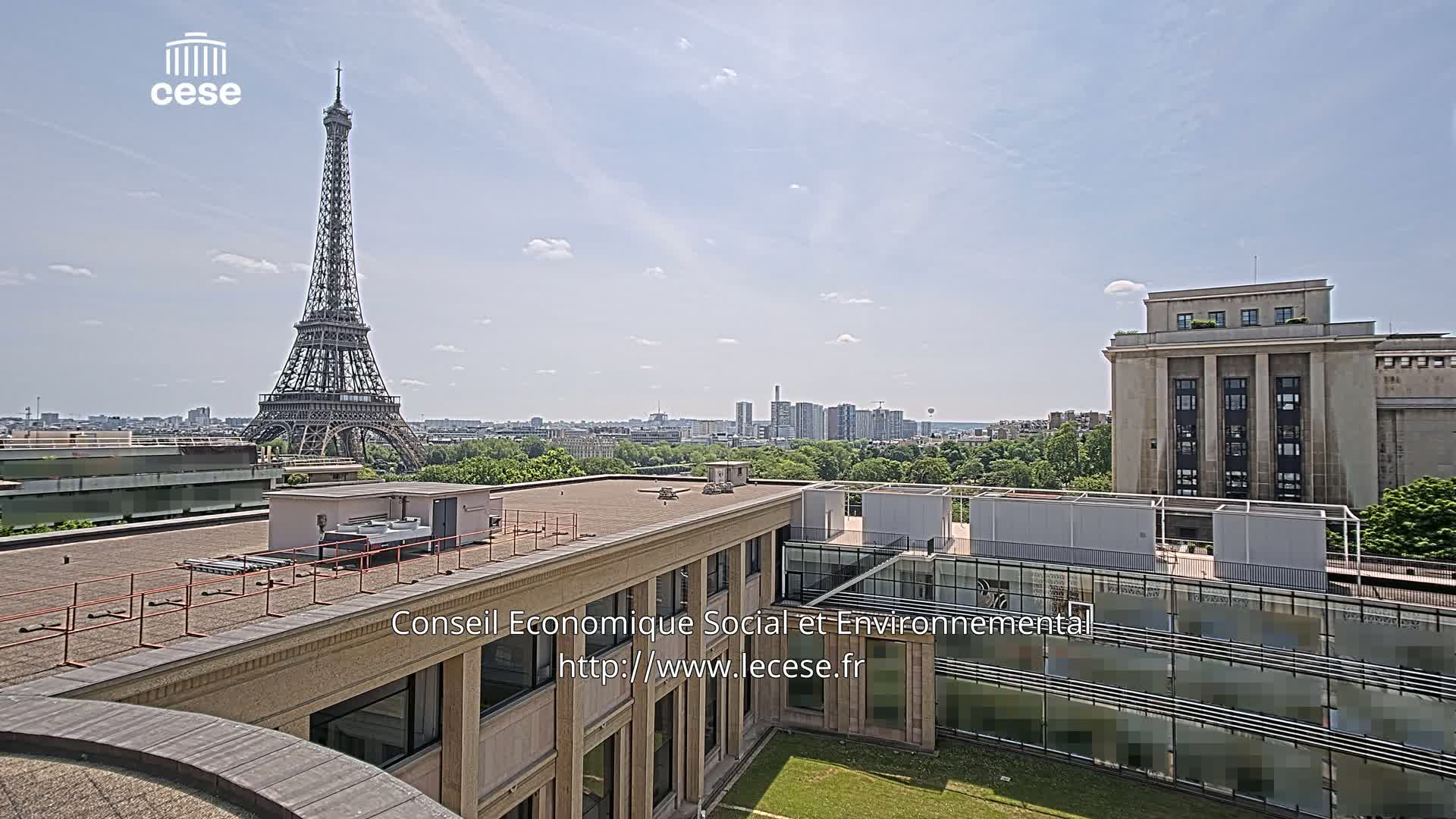 A rooftop view of Paris on a sunny day shows the Eiffel Tower in the distance, along with other buildings and green spaces.