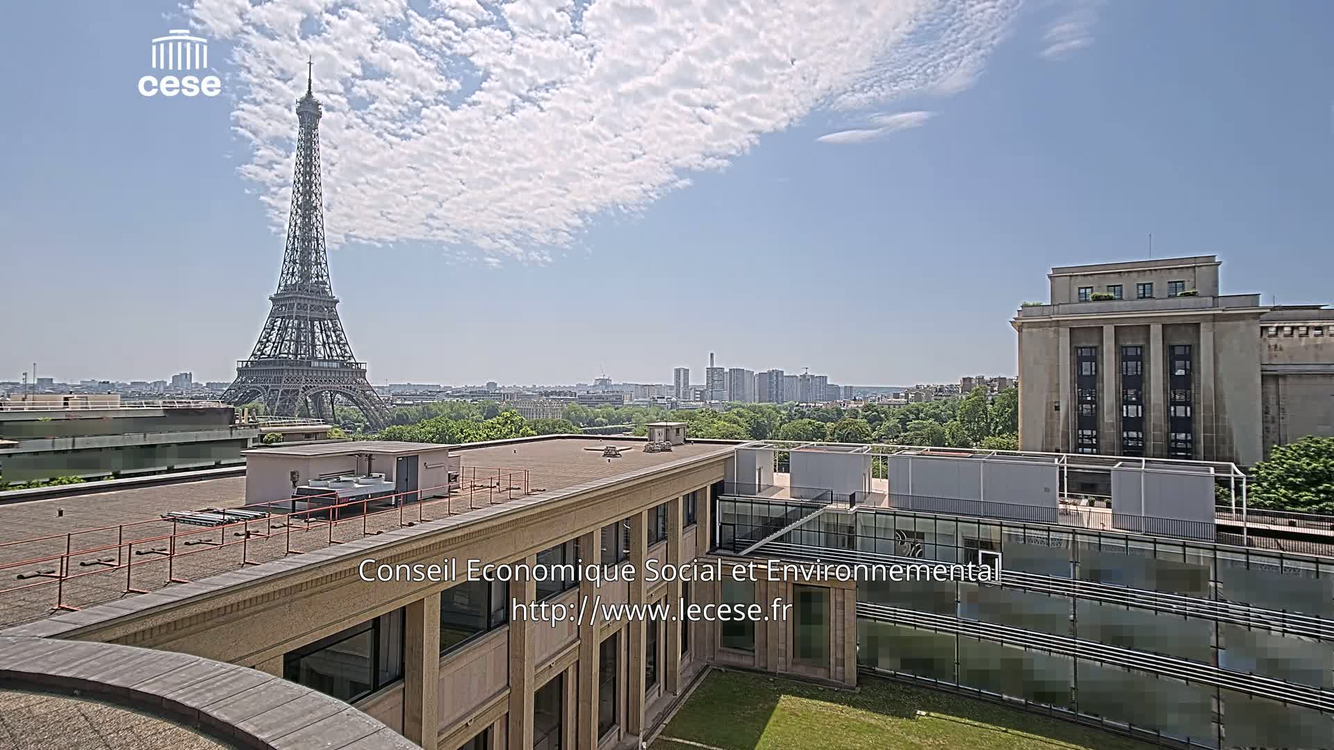 A Parisian rooftop view on a partly cloudy day shows the Eiffel Tower in the distance, other buildings, and green spaces.
