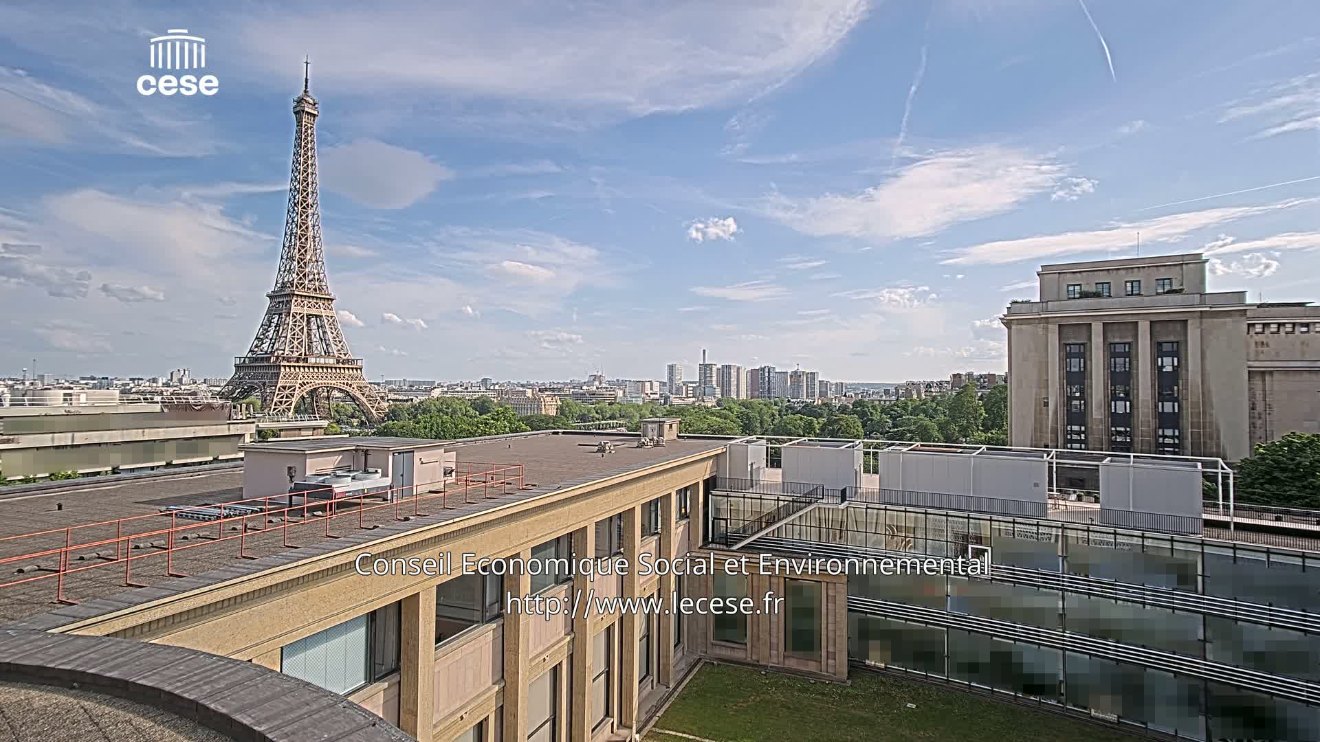 A rooftop view of Paris on a partly sunny day shows the Eiffel Tower in the distance, with city buildings and green trees in the foreground.