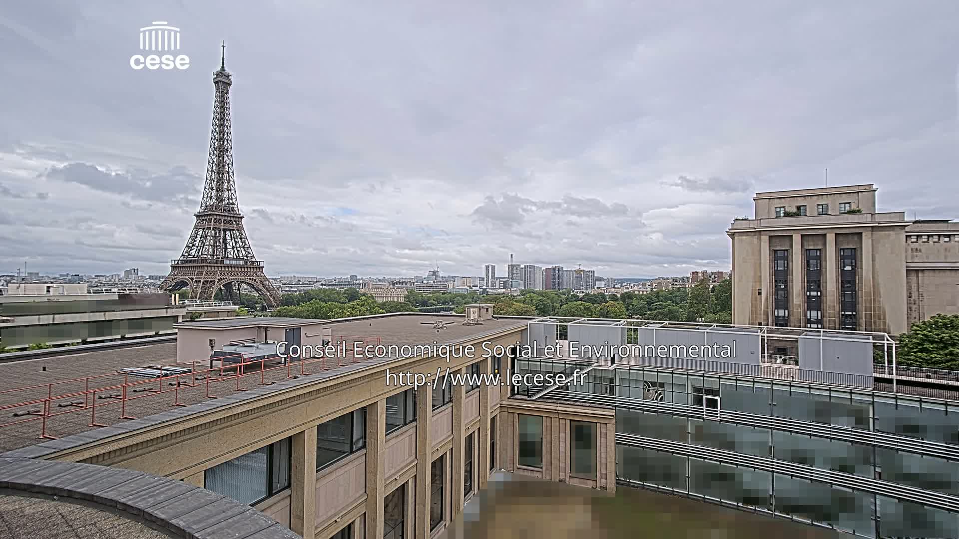 A rooftop view shows the Eiffel Tower in the distance under a cloudy sky, with other buildings and trees in the foreground.