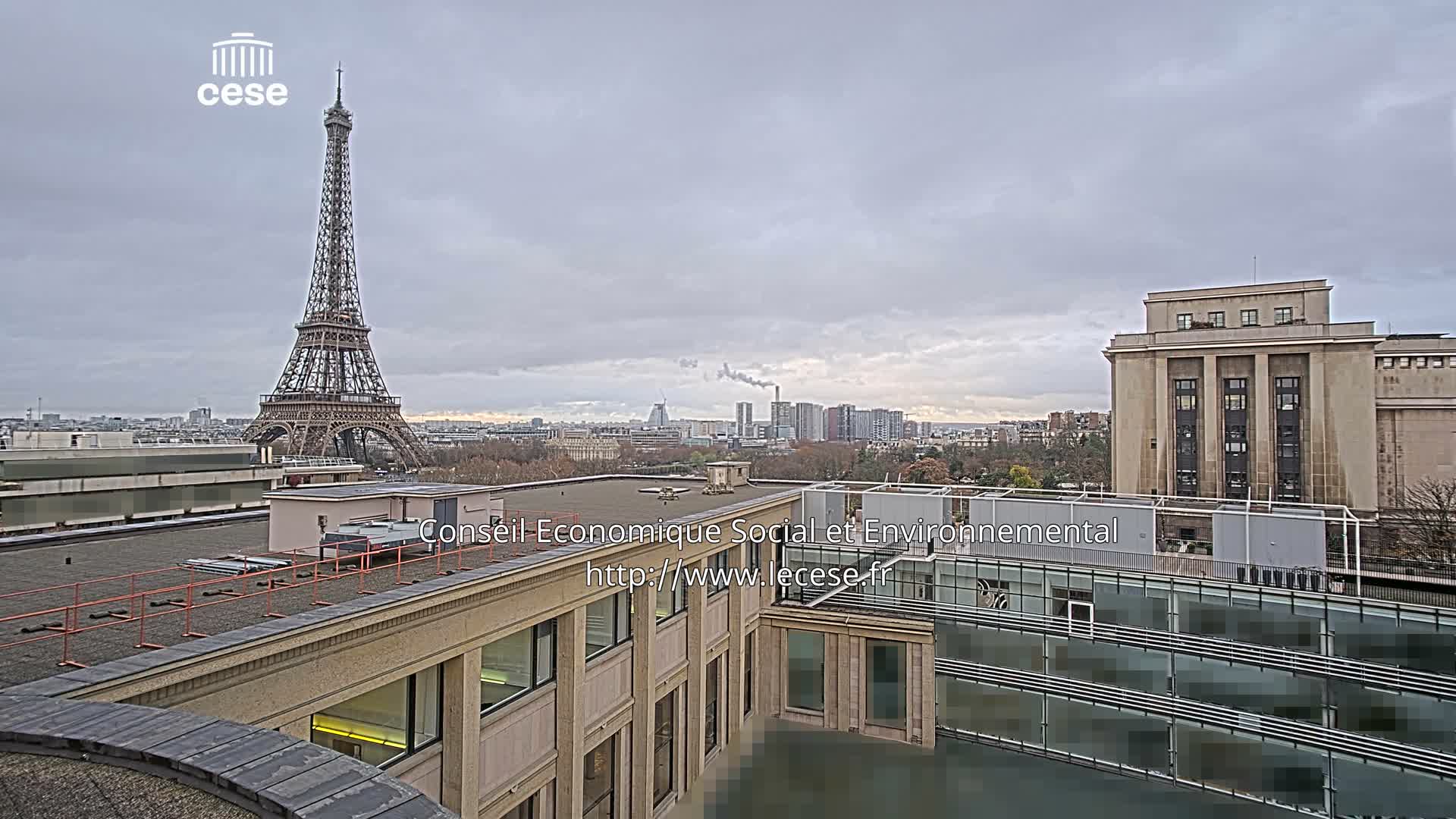 From a building's rooftop, the Eiffel Tower stands prominently on the left amidst a sprawling cityscape with various buildings and bare trees, all under a uniformly overcast sky.