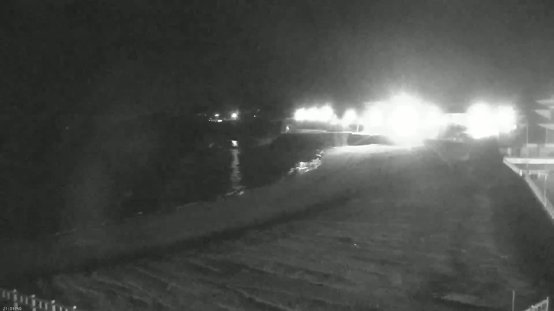 A nighttime, low-light image shows a dark body of water next to a shoreline with bright lights in the distance.