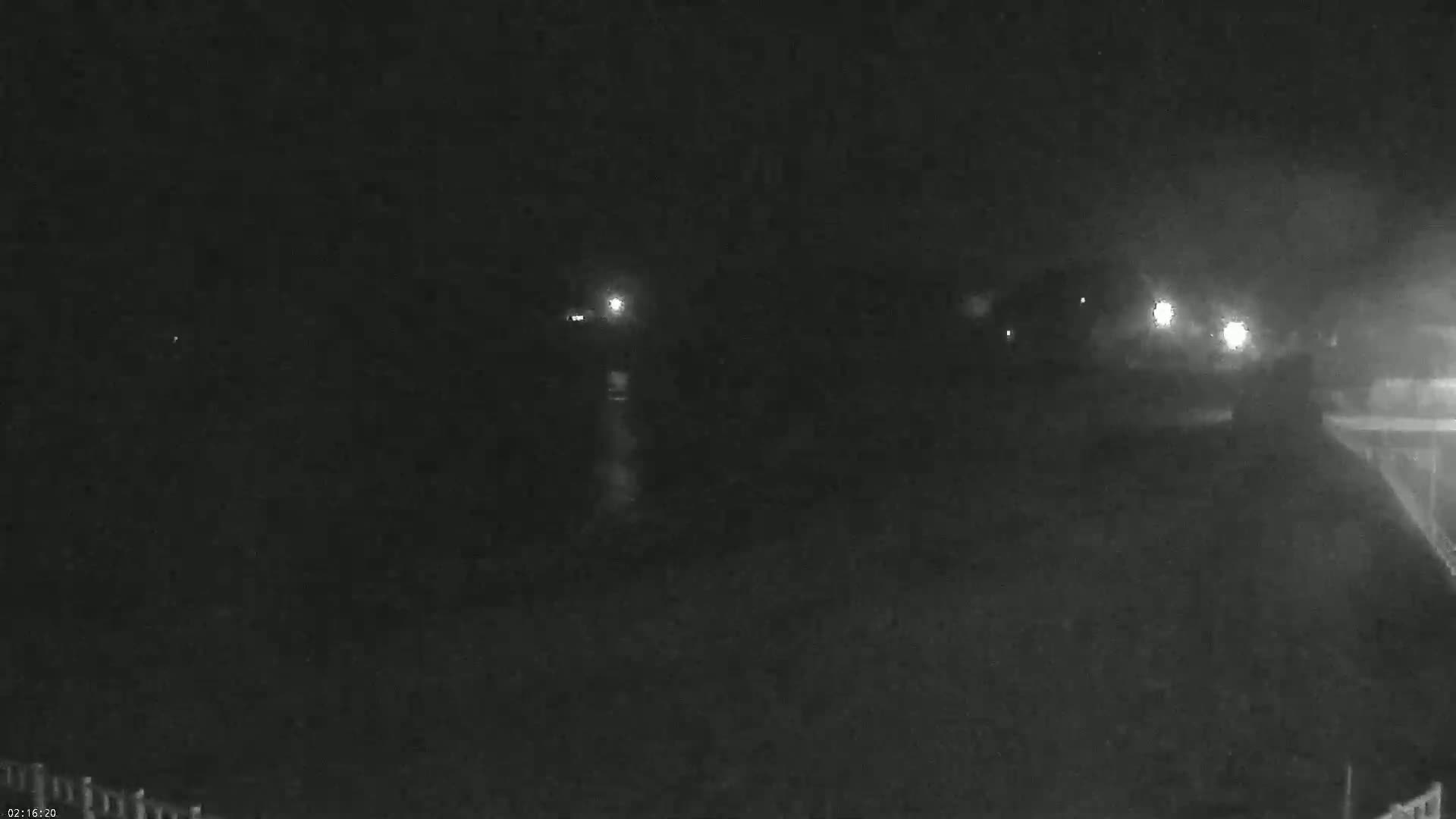 A nighttime, low-light view shows a dark, possibly grassy, area with a few distant lights visible in the hazy darkness.