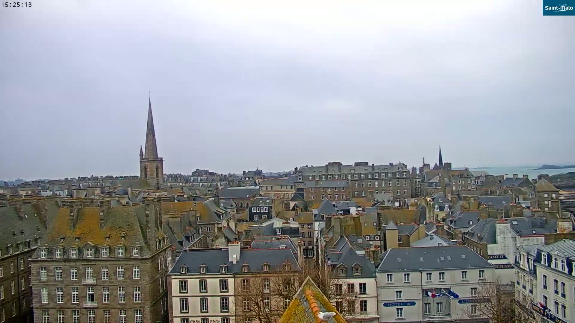 A sprawling cityscape of grey-roofed buildings under an overcast sky, with a tall church spire prominent in the middle distance.