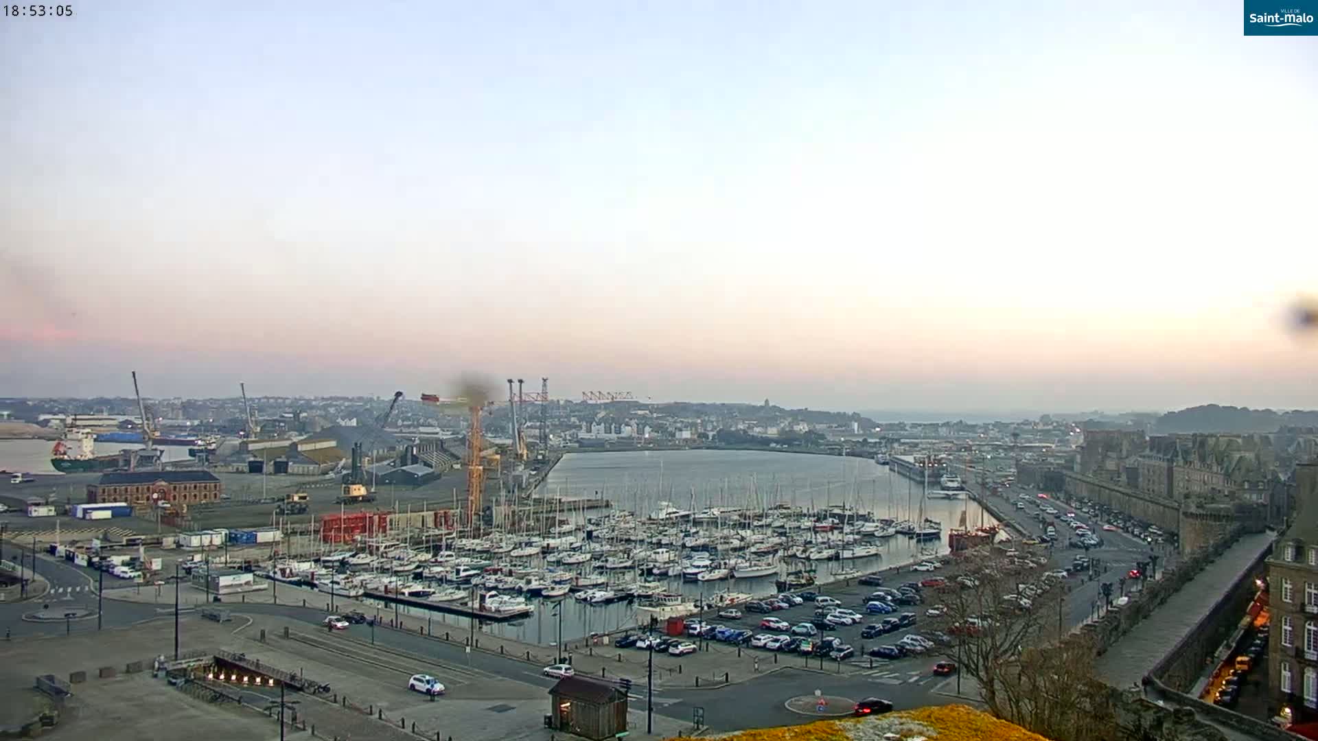 A harbor filled with numerous boats is situated next to a city under a pale, dusky sky.