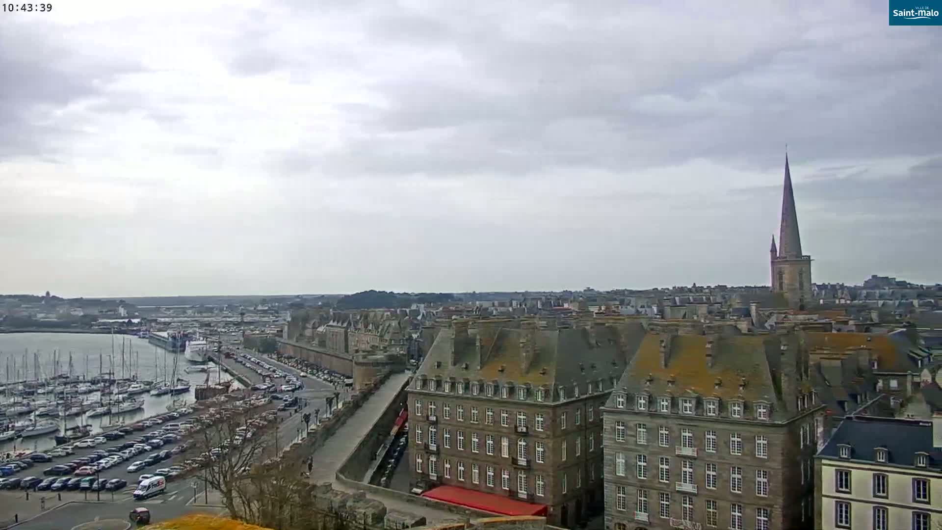 A harbor filled with sailboats and cars is visible from an elevated viewpoint overlooking a city with many buildings under an overcast sky.