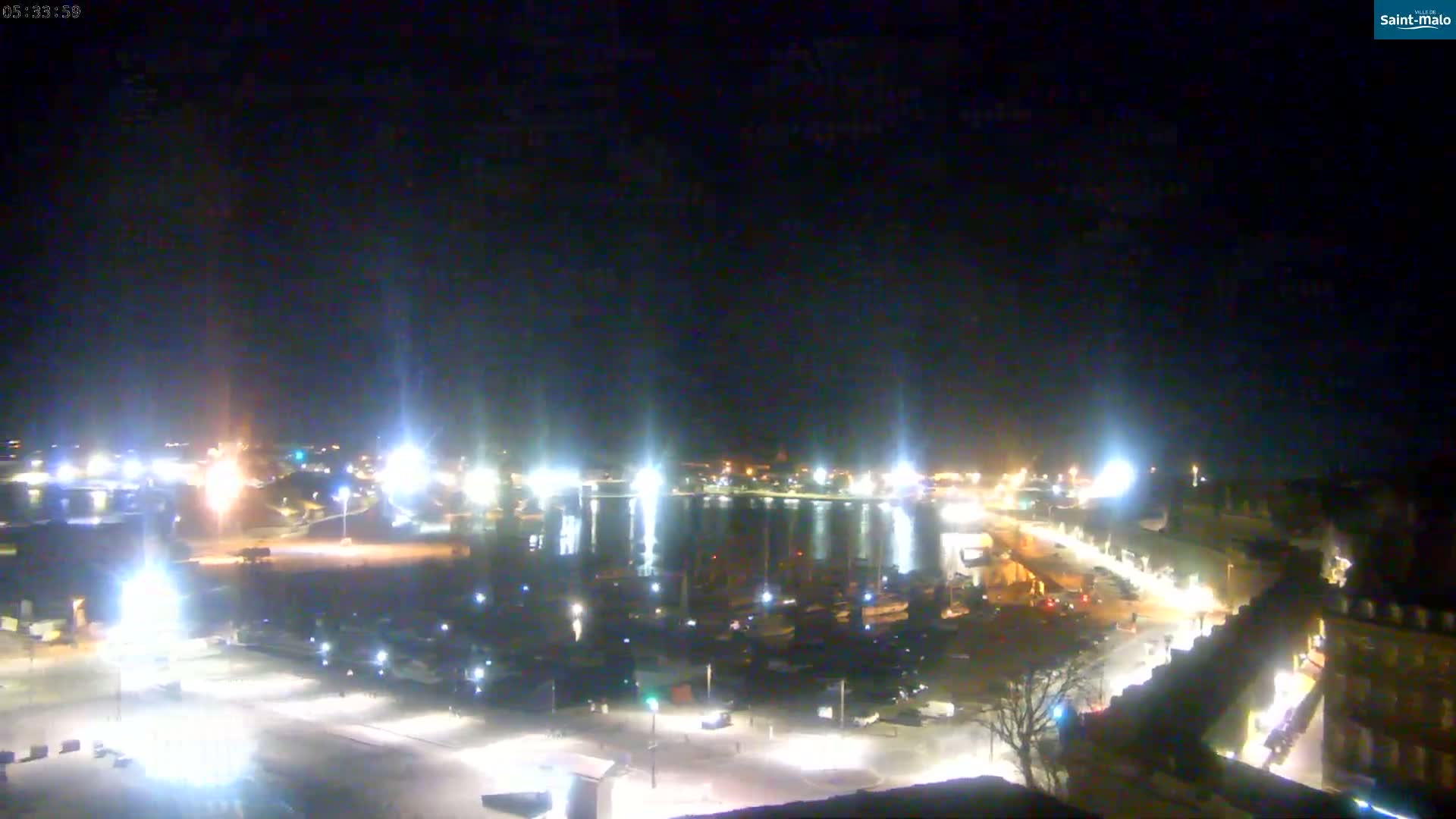 A nighttime view of a harbor filled with boats, illuminated by streetlights and building lights under a clear, dark sky.