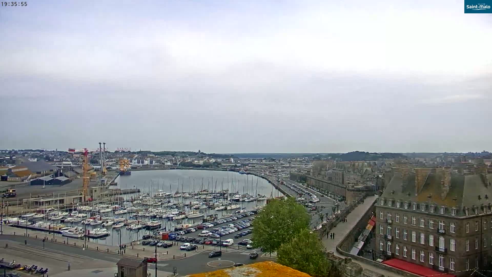 A harbor filled with numerous sailboats and cars is shown under an overcast sky, with a city and buildings lining the waterfront.