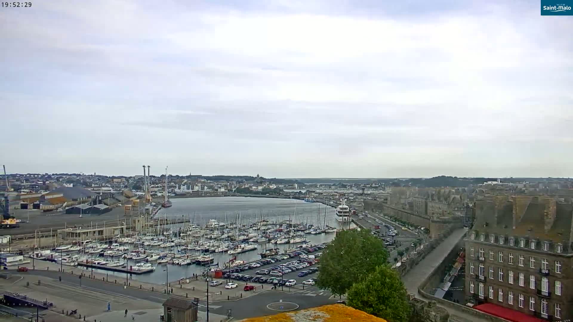 A harbor filled with numerous sailboats and yachts is shown under an overcast sky, next to a city with buildings and parked cars.