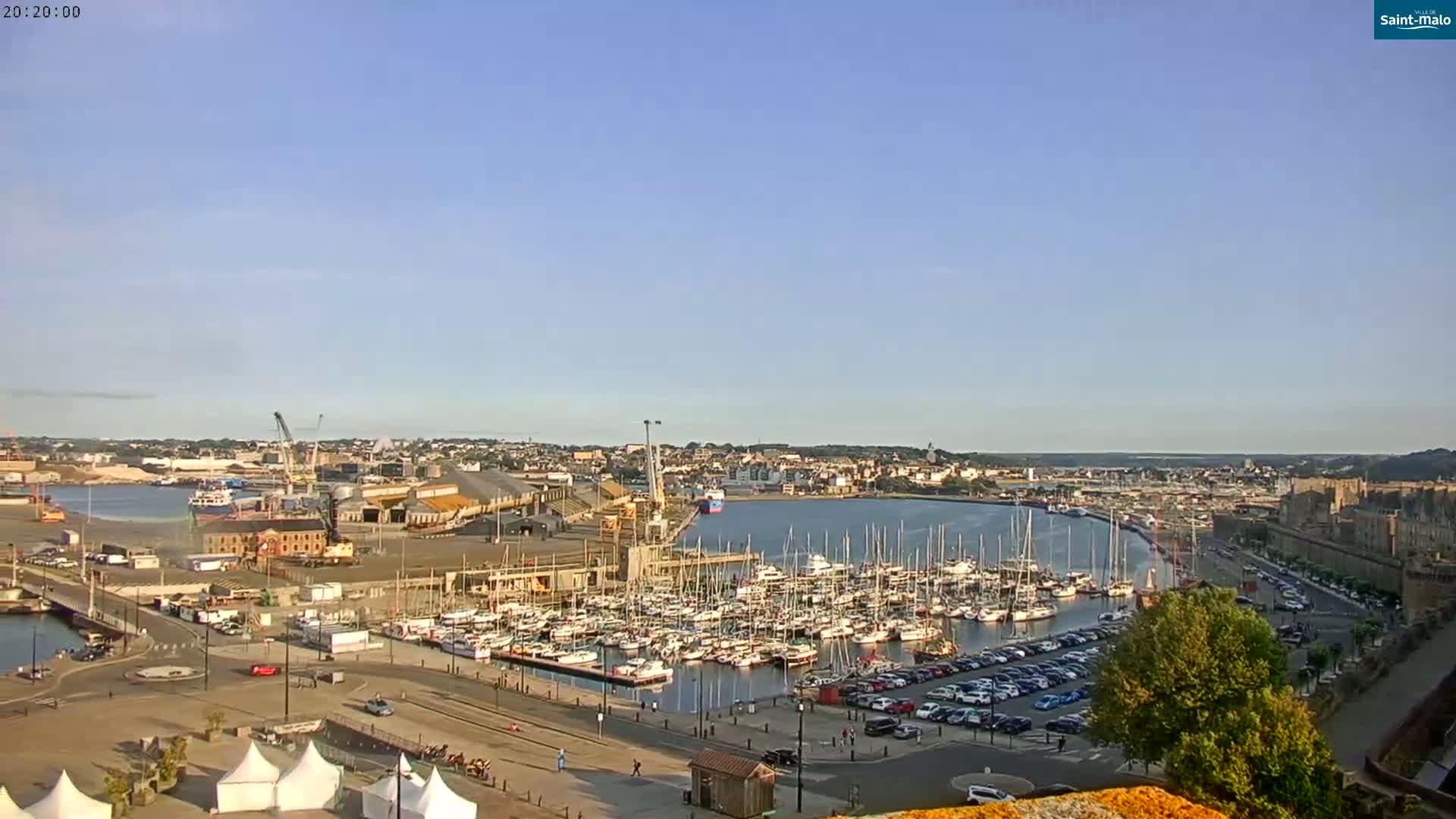 A harbor filled with numerous sailboats and yachts is situated beside a city under a clear, sunny sky.