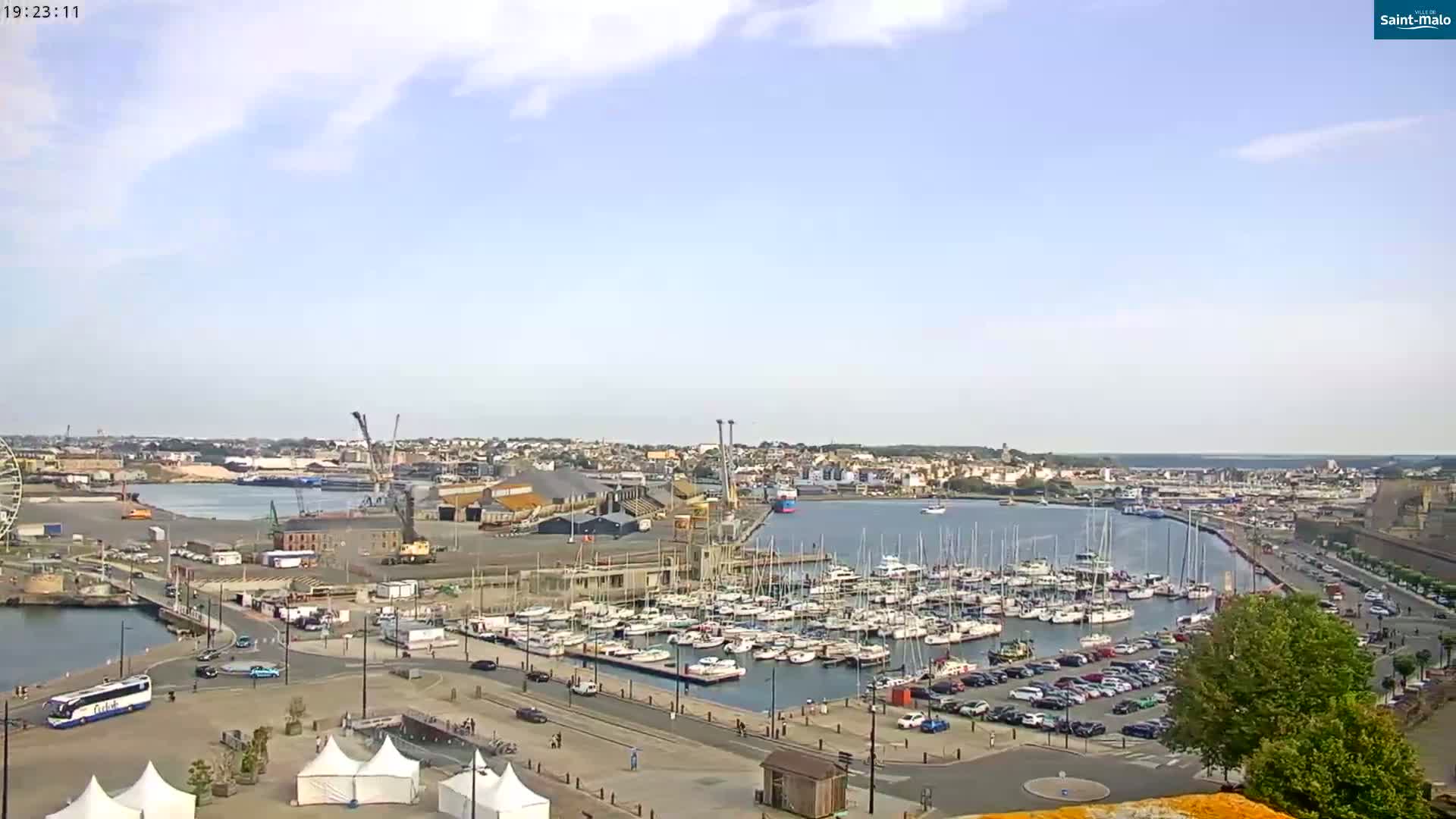 A harbor filled with numerous sailboats and yachts is visible under a mostly clear sky, with a city and Ferris wheel in the background.