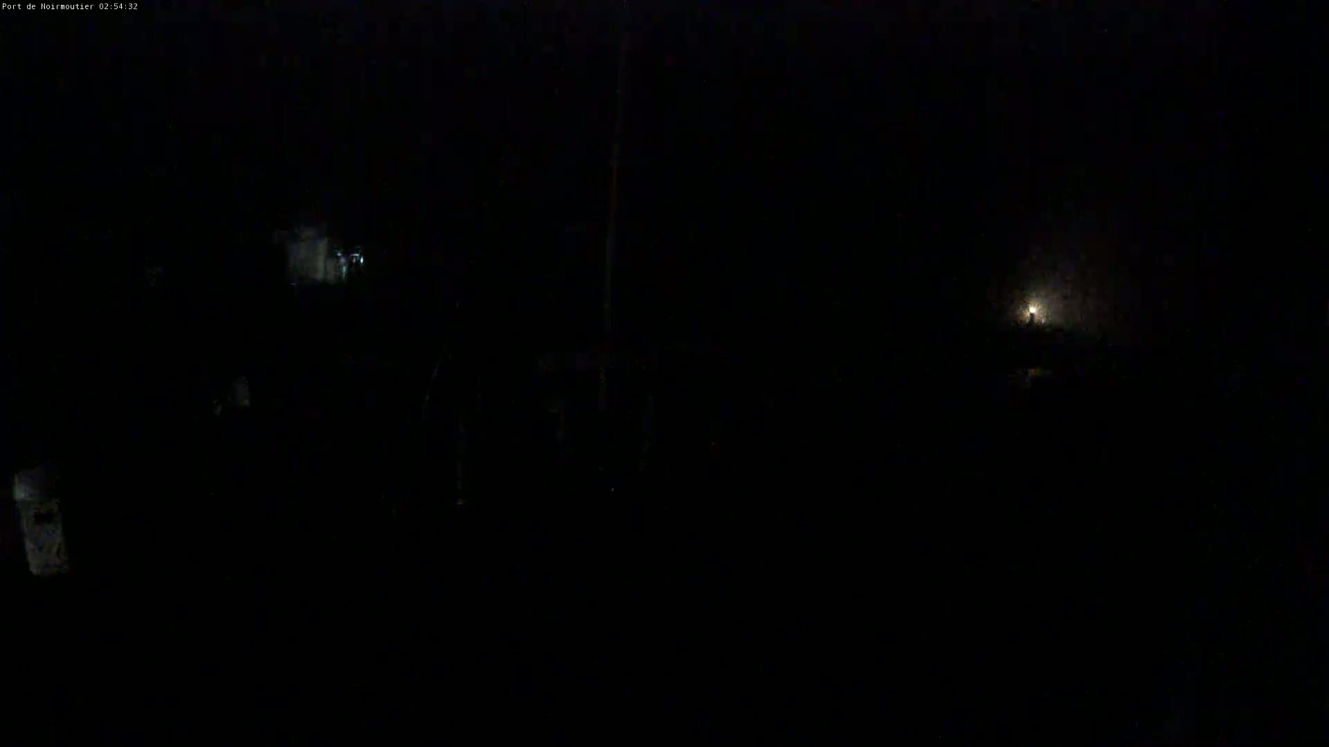 A dimly lit nighttime scene shows a faint light in the distance under a dark, possibly cloudy sky.