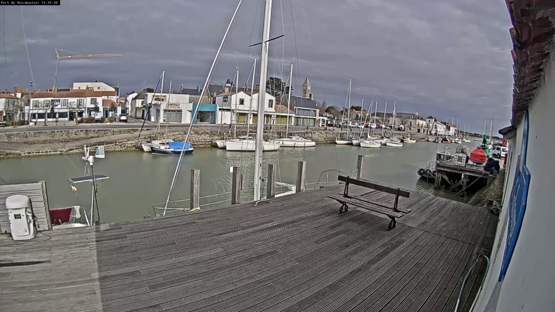 A wooden dock overlooks a calm harbor filled with sailboats under a cloudy sky.
