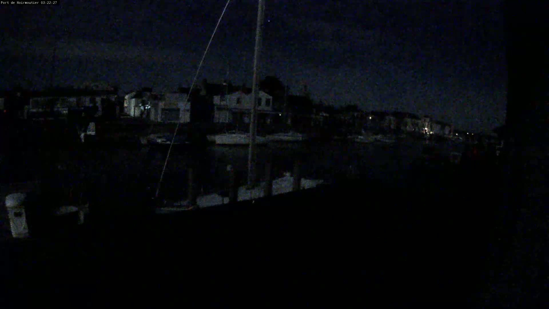 A nighttime view of a marina with boats docked alongside a shoreline of houses under a dark sky.