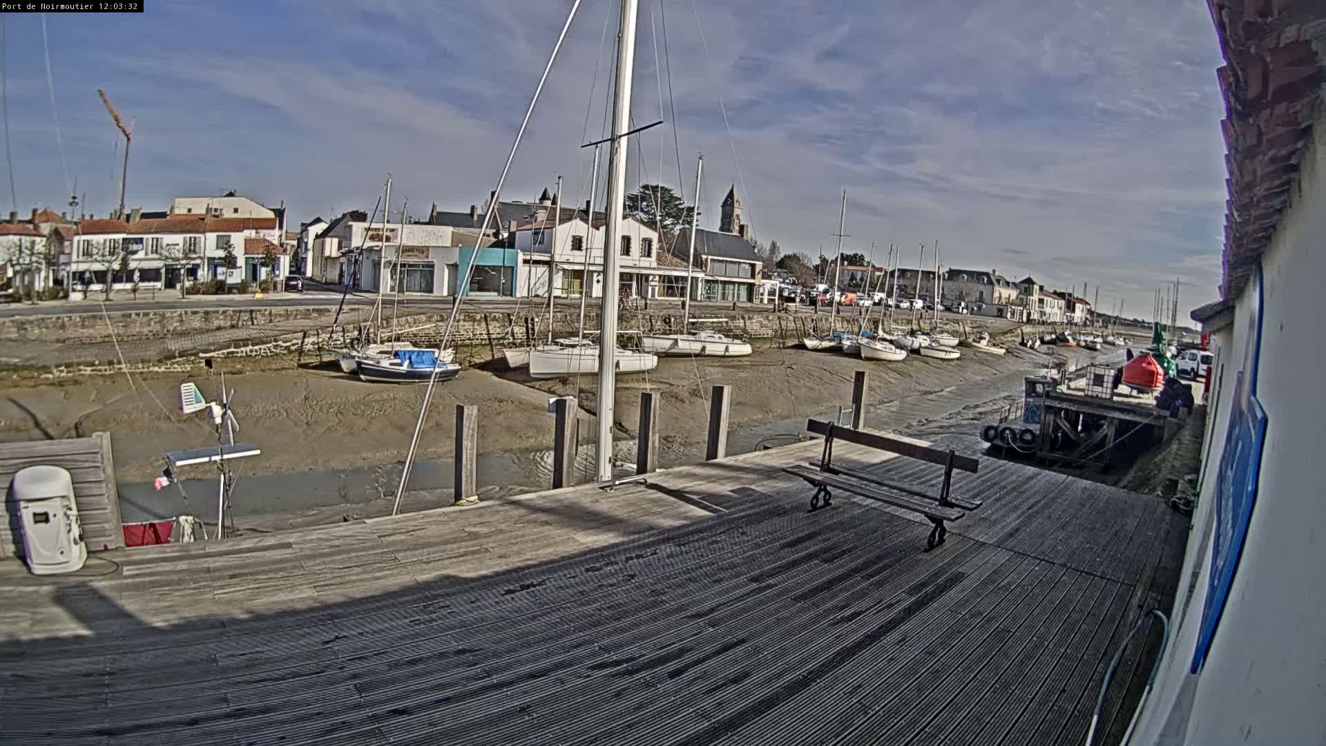 A mostly sunny day shows sailboats docked in a harbor at low tide, with a wooden dock and buildings in the background.