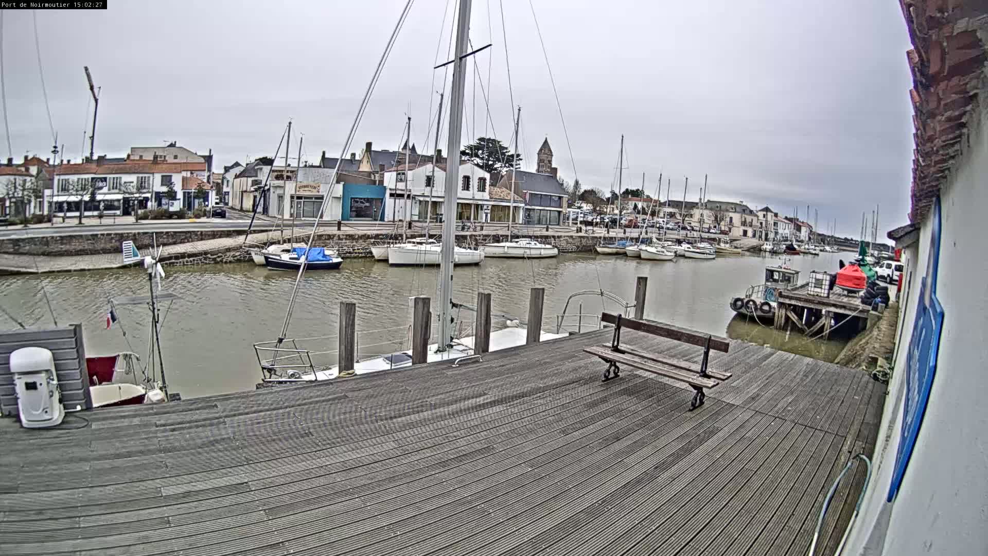 A wooden dock overlooks a calm harbor filled with sailboats and small motorboats under an overcast sky.