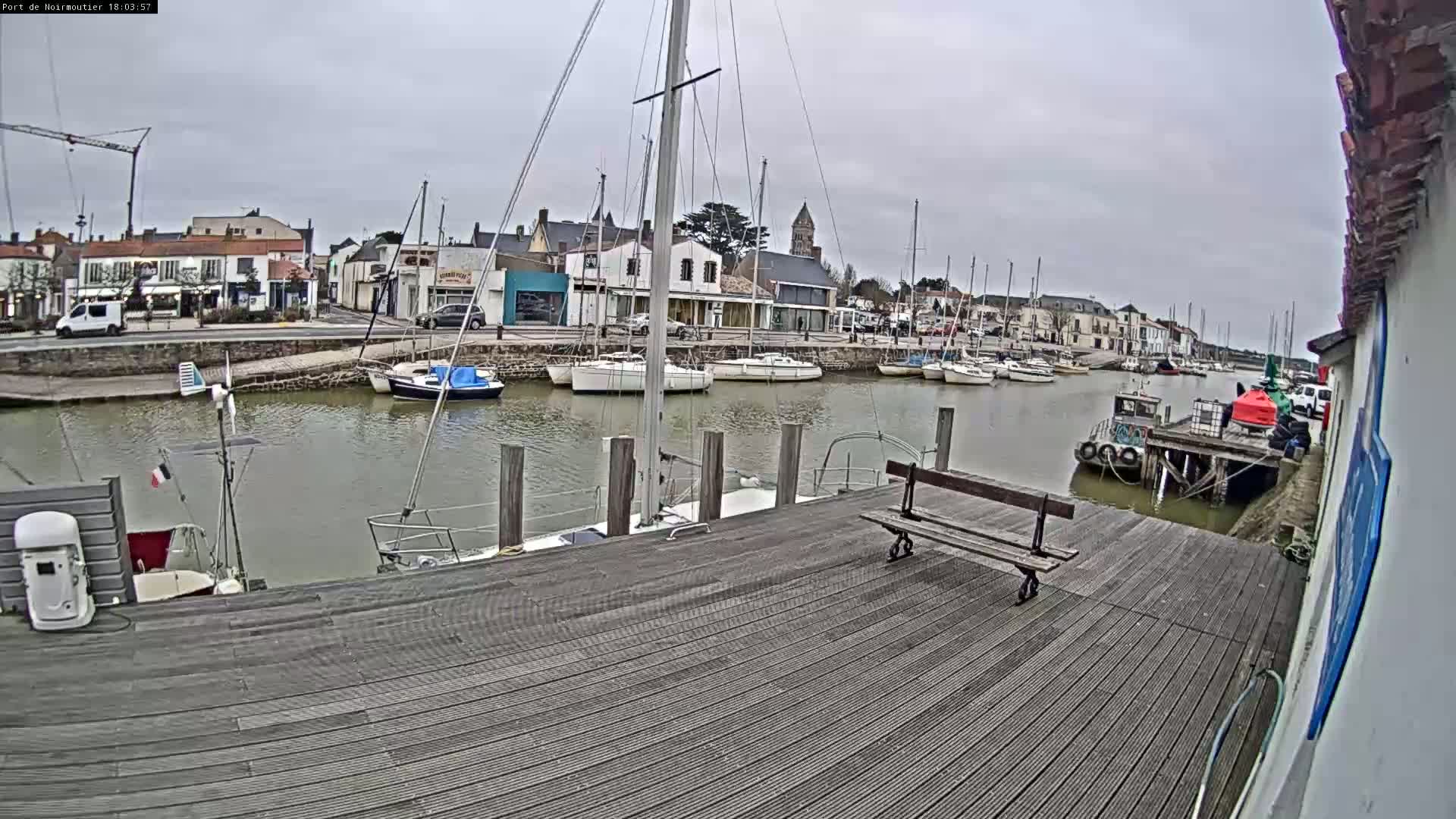 A harbor with numerous sailboats moored along a wooden dock on an overcast day.