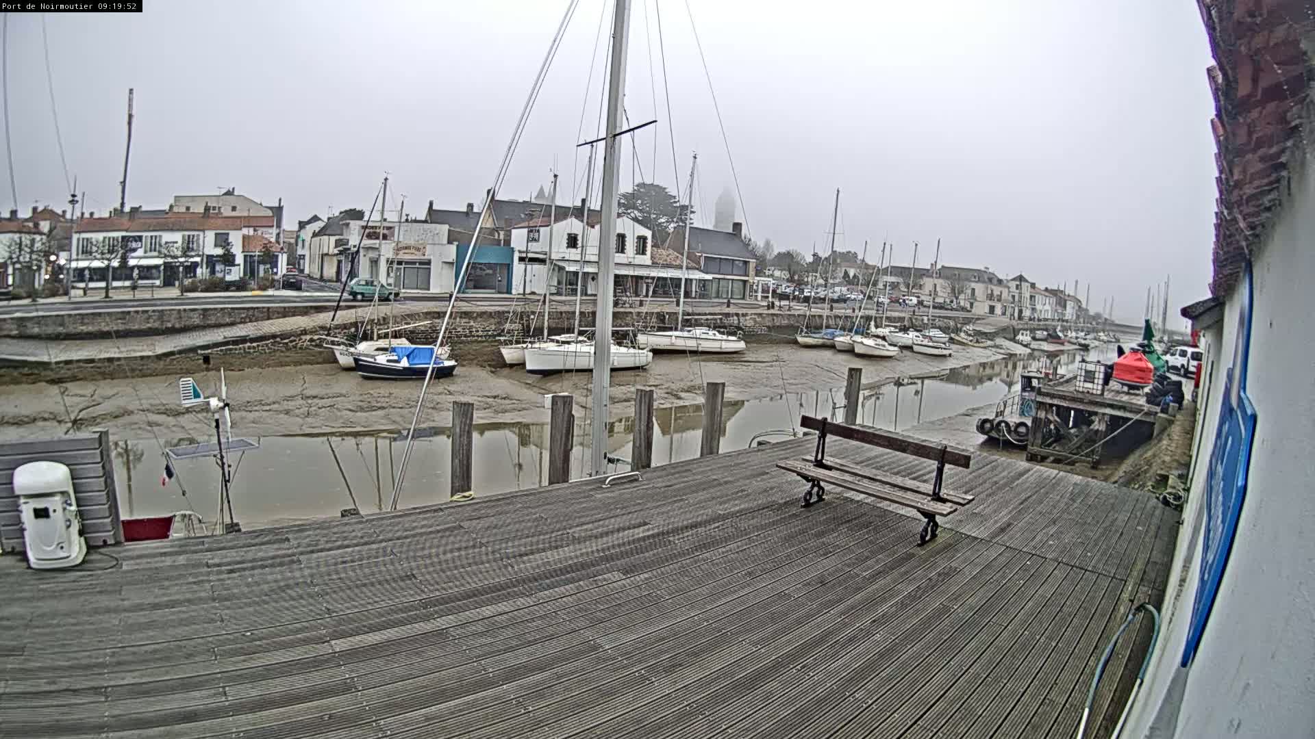 A wooden dock overlooks a calm harbor with several sailboats at low tide on a foggy day.