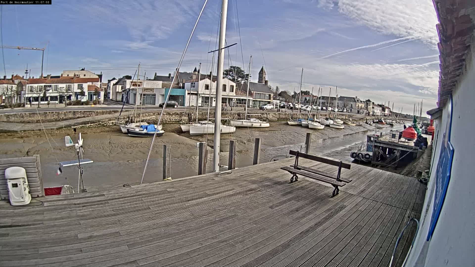 A mostly sunny day at a harbor shows several sailboats docked at low tide in front of a town.