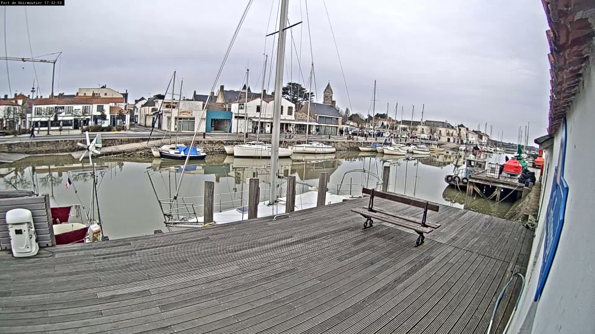 A wooden dock overlooks a calm harbor filled with sailboats and small motorboats, under an overcast sky.