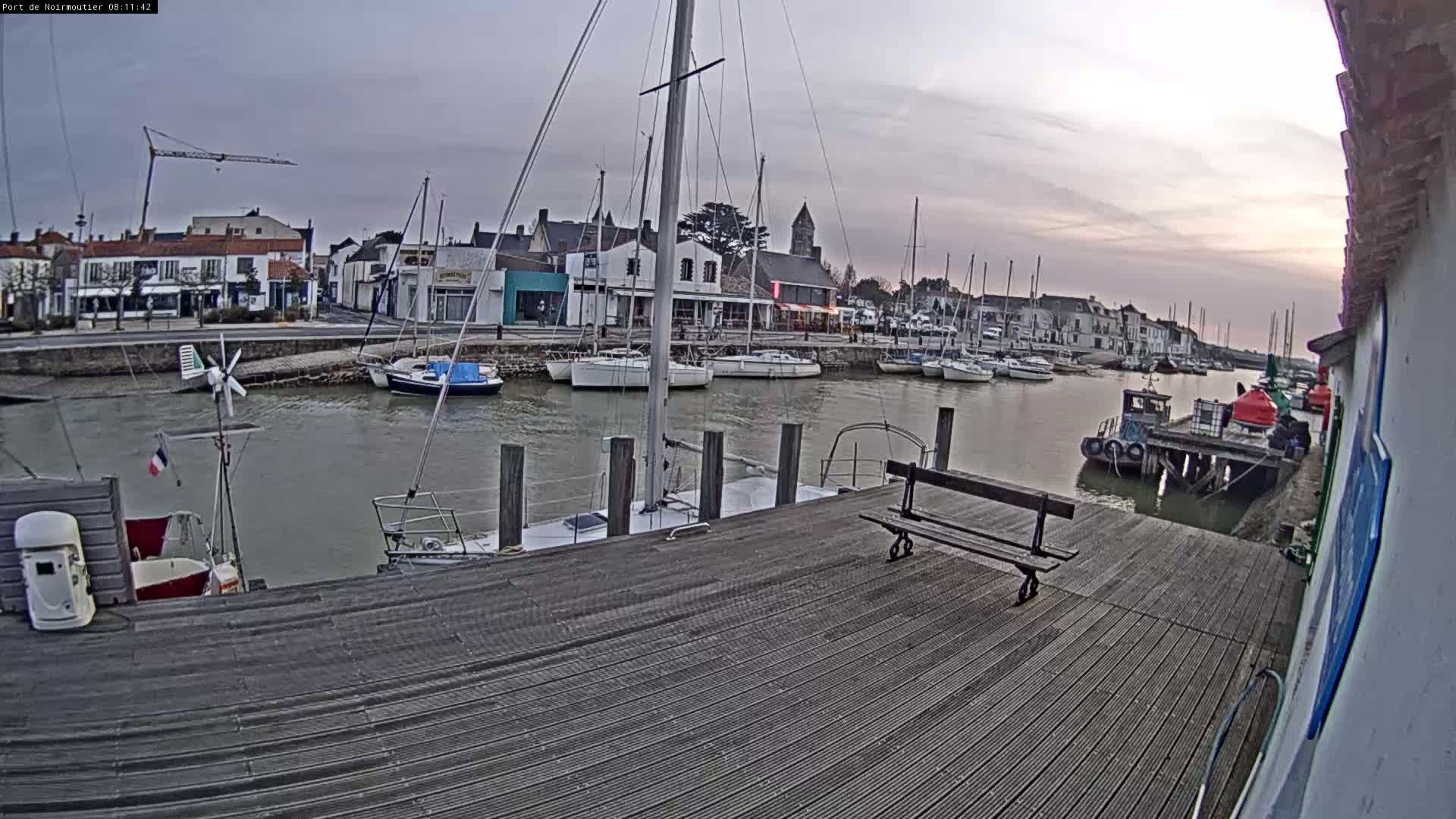A harbor with many sailboats moored along a wooden dock under an overcast sky.