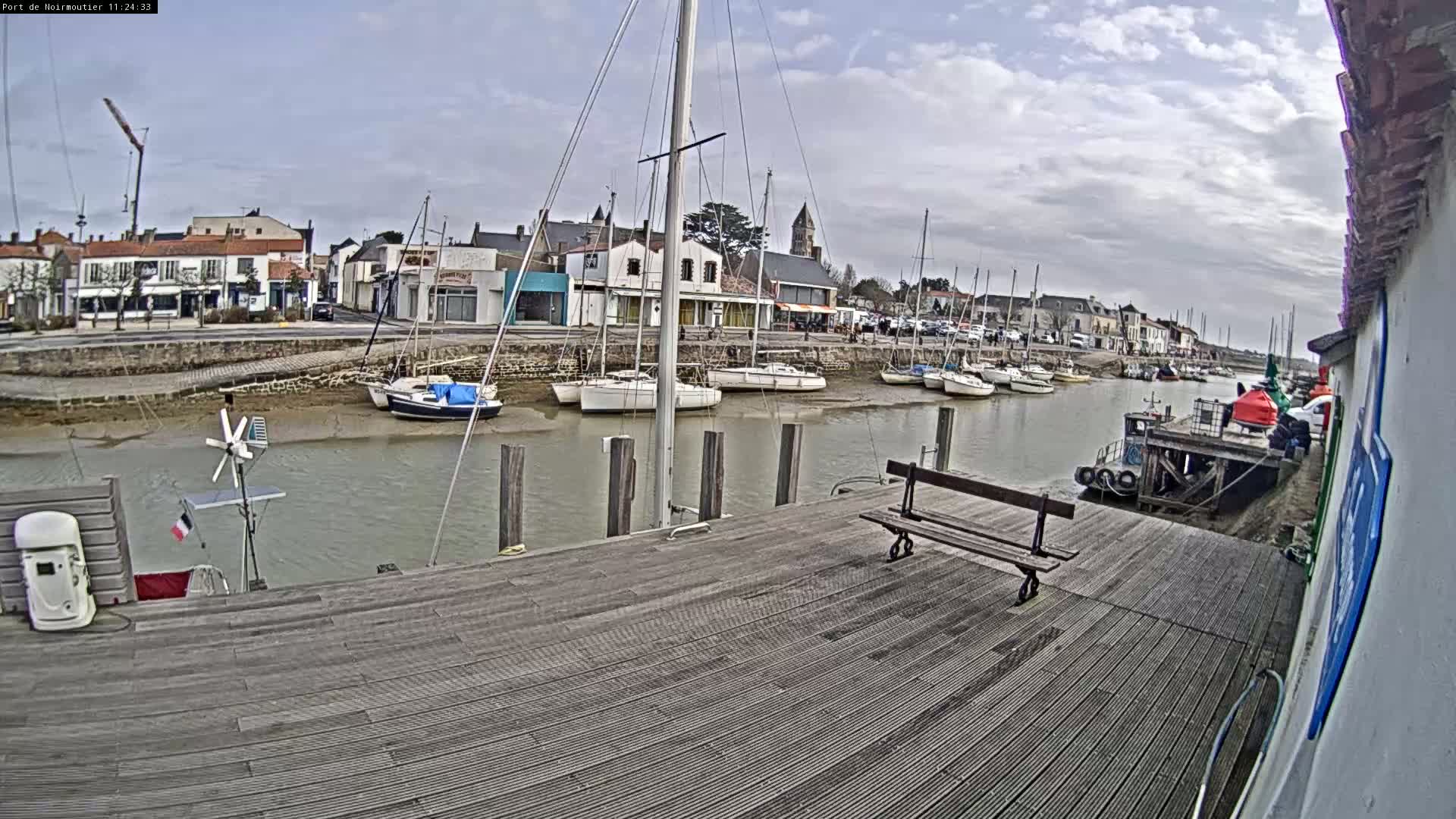 A wooden dock overlooks a calm harbor with several sailboats moored, under a cloudy sky.