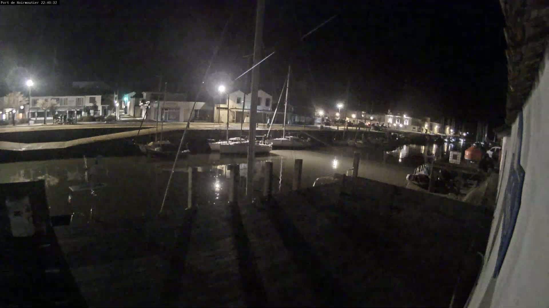 At night, sailboats are moored in a calm harbor next to a waterfront town with streetlights illuminating the scene.