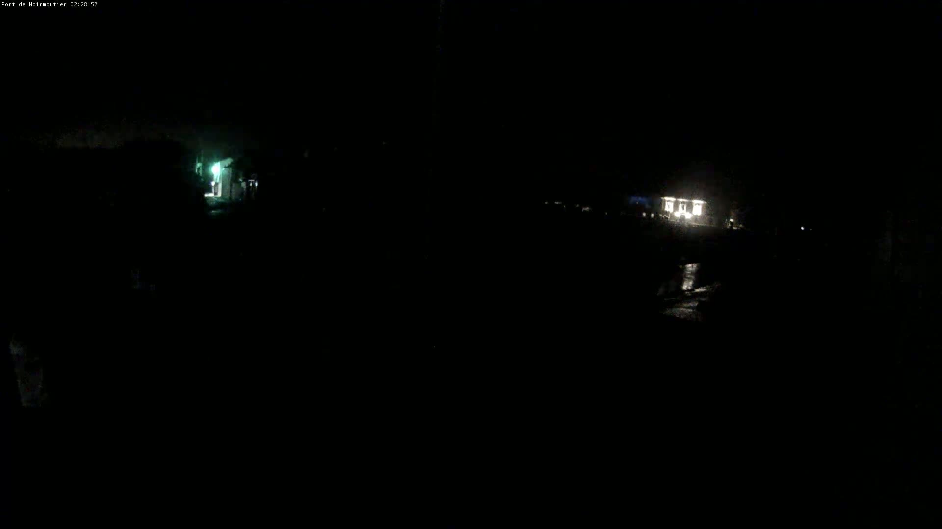 A dark, nighttime scene shows dimly lit buildings and a wet ground.