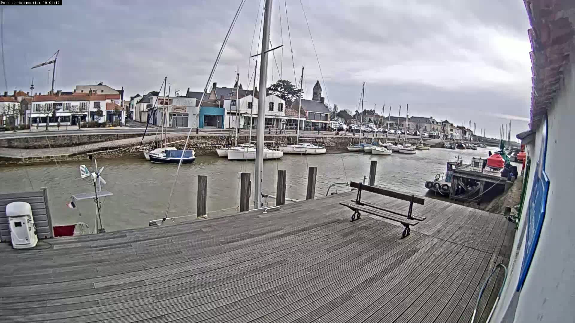 A wooden dock overlooks a calm harbor filled with sailboats, under a cloudy sky.