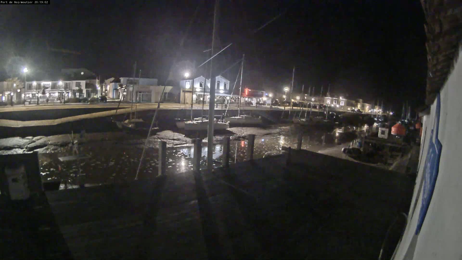 A nighttime view of a harbor with boats docked at low tide, under a clear, dark sky.