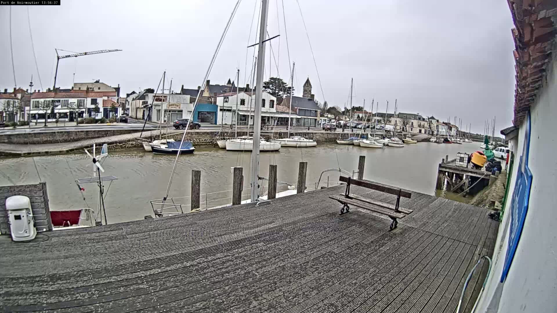 A harbor with numerous sailboats moored along a dock under an overcast sky.