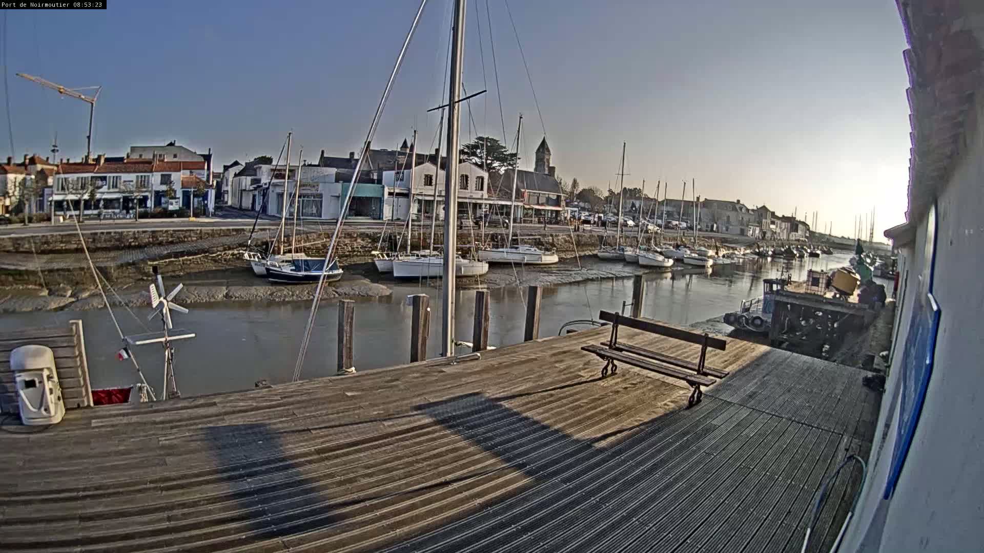 A harbor with sailboats docked along a wooden pier on a sunny day with a low tide.