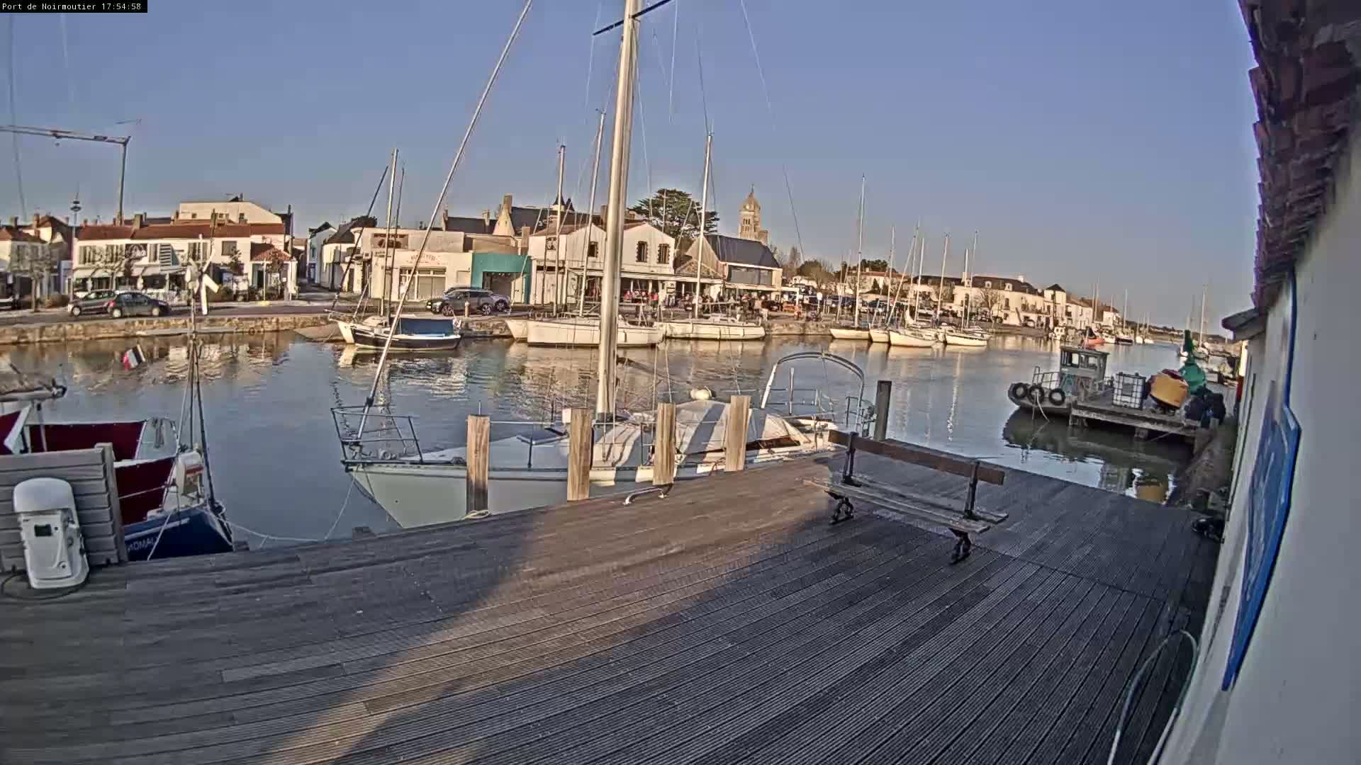 A calm harbor filled with sailboats is seen from a wooden dock on a clear, sunny day.
