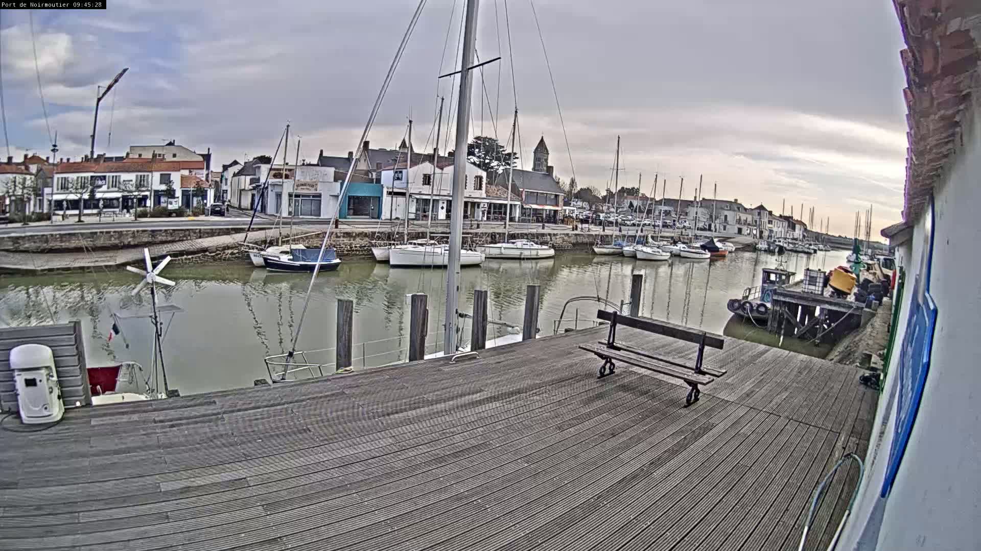 A wooden dock overlooks a calm harbor filled with sailboats, under a cloudy sky.