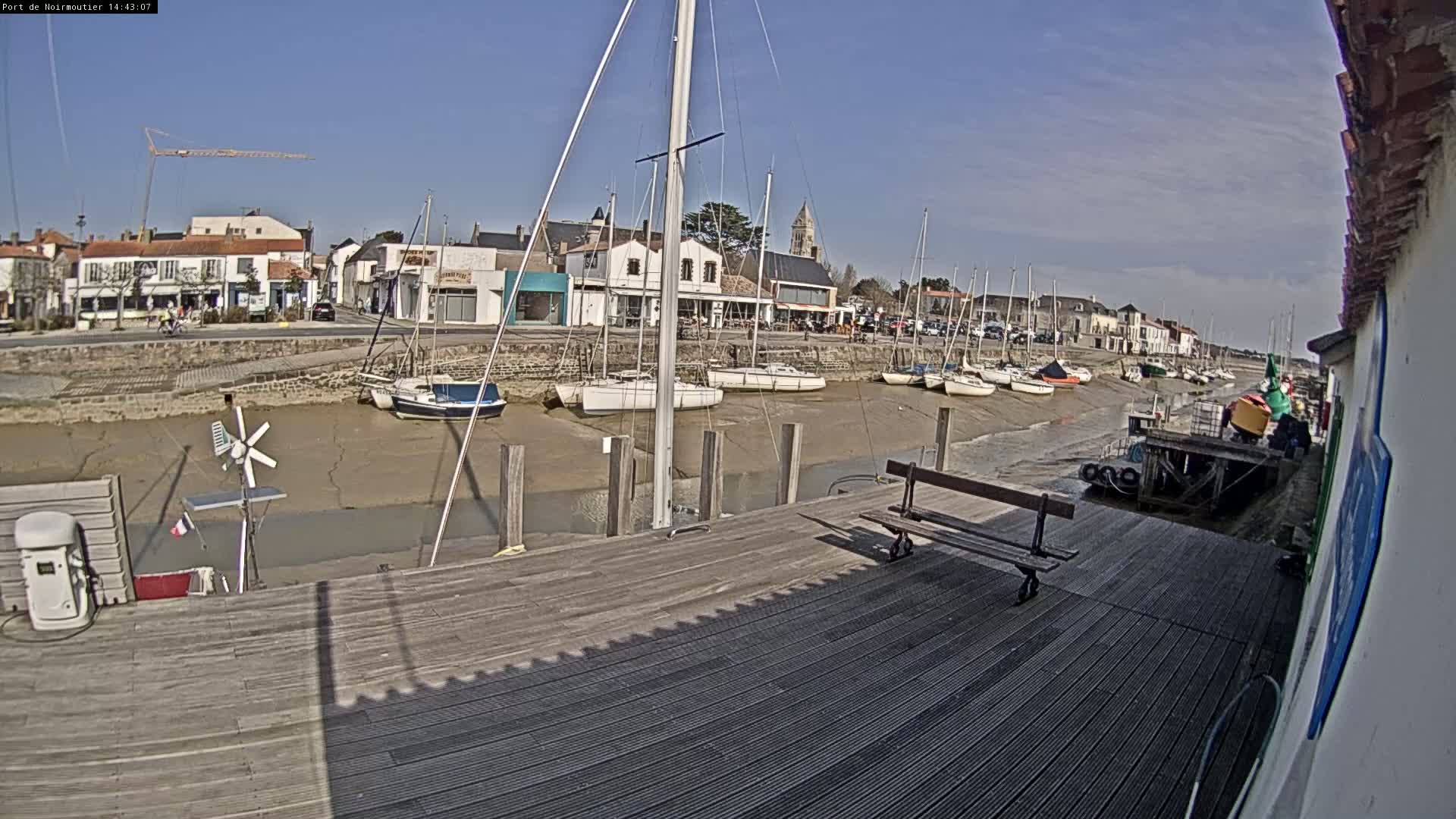 A sunny day at a harbor shows sailboats docked in shallow, muddy water, with a wooden dock in the foreground and buildings lining the shoreline.