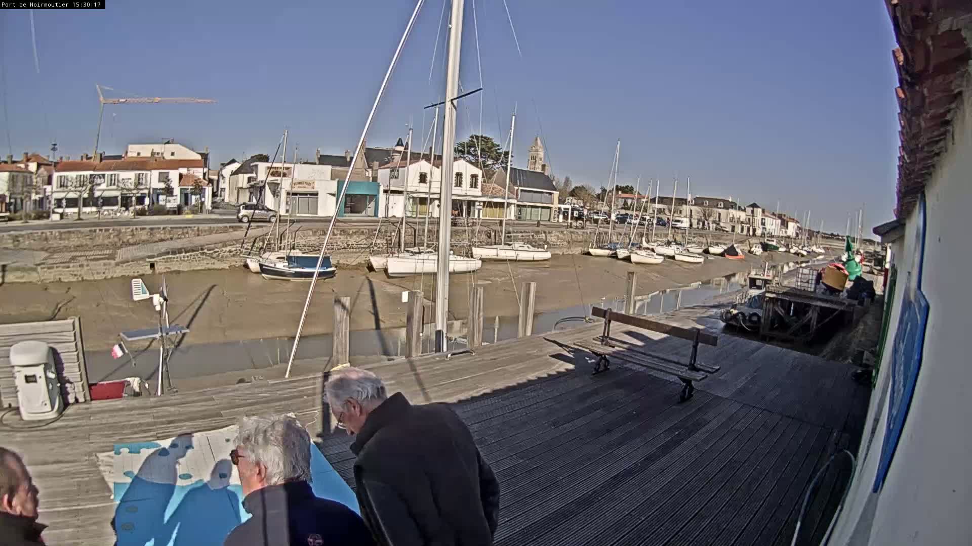 On a sunny day, several sailboats are docked in a harbor next to a waterfront town, with three people looking at a map on a wooden dock.