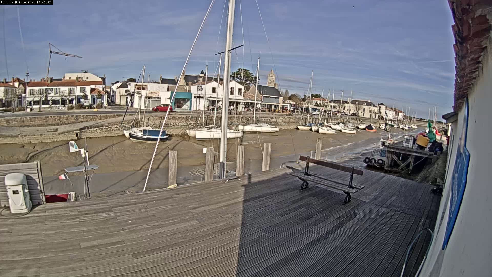 A wooden dock overlooks a harbor filled with sailboats at low tide under a sunny sky.