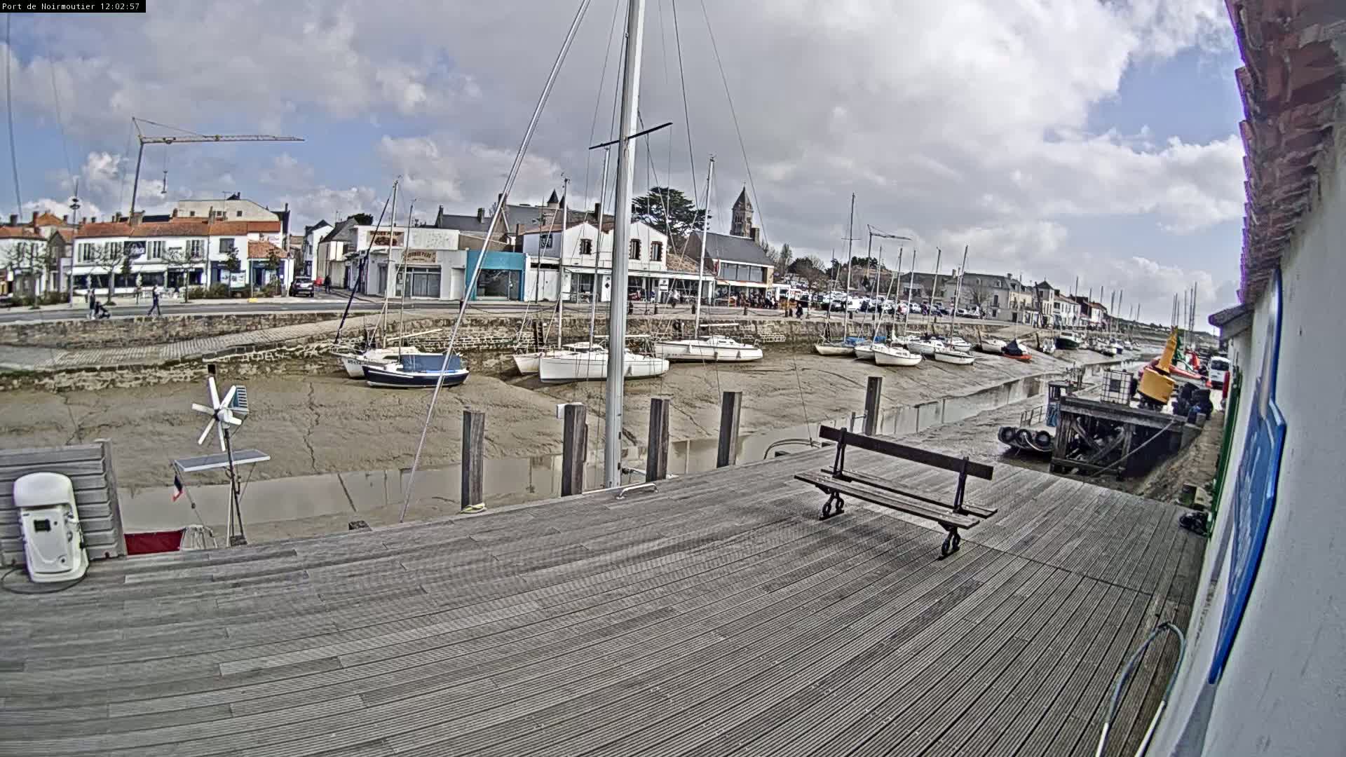 A wooden dock overlooks a harbor filled with sailboats at low tide under a partly cloudy sky.