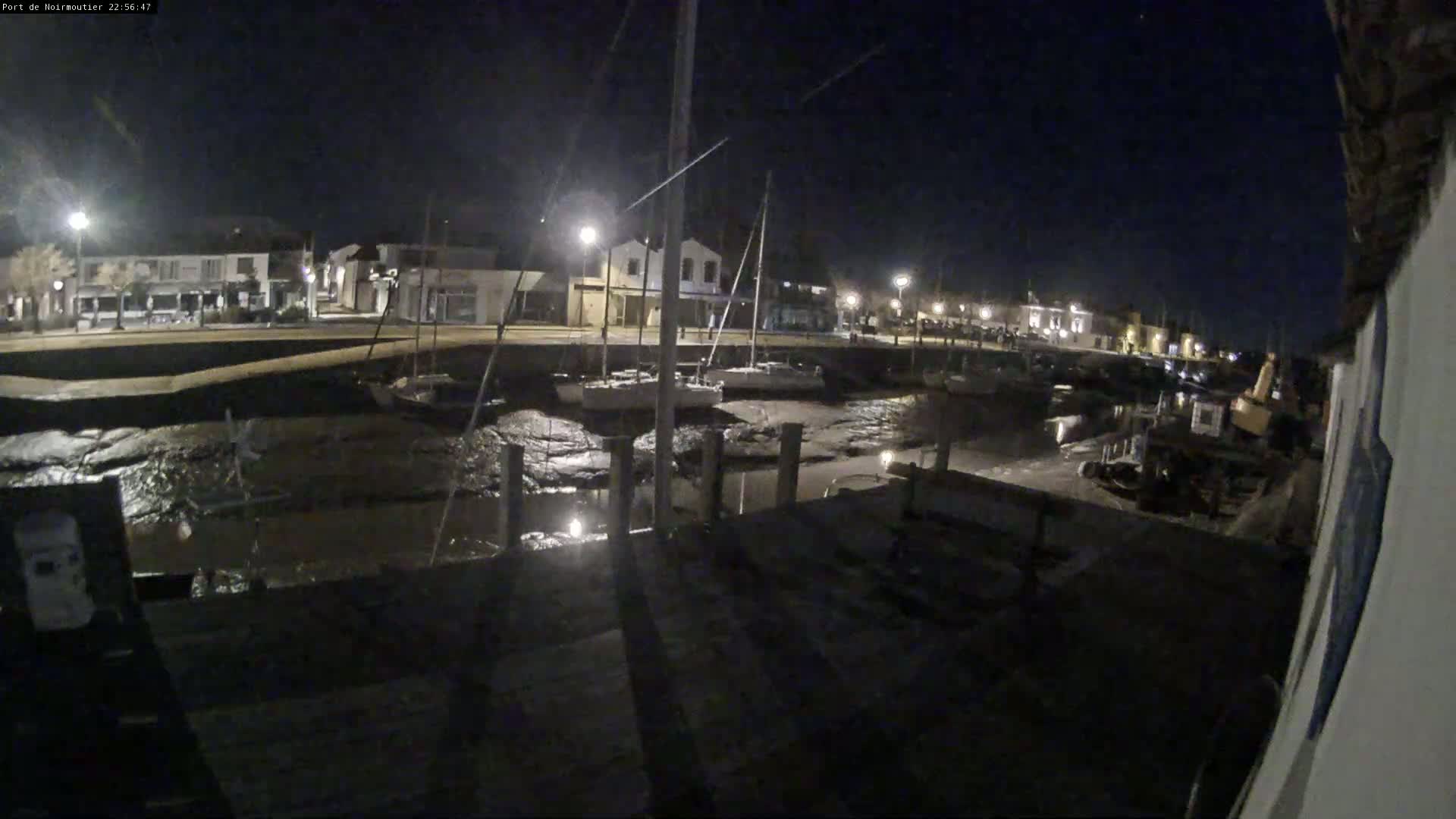 A nighttime view of a harbor with boats docked at low tide, under a clear, dark sky.