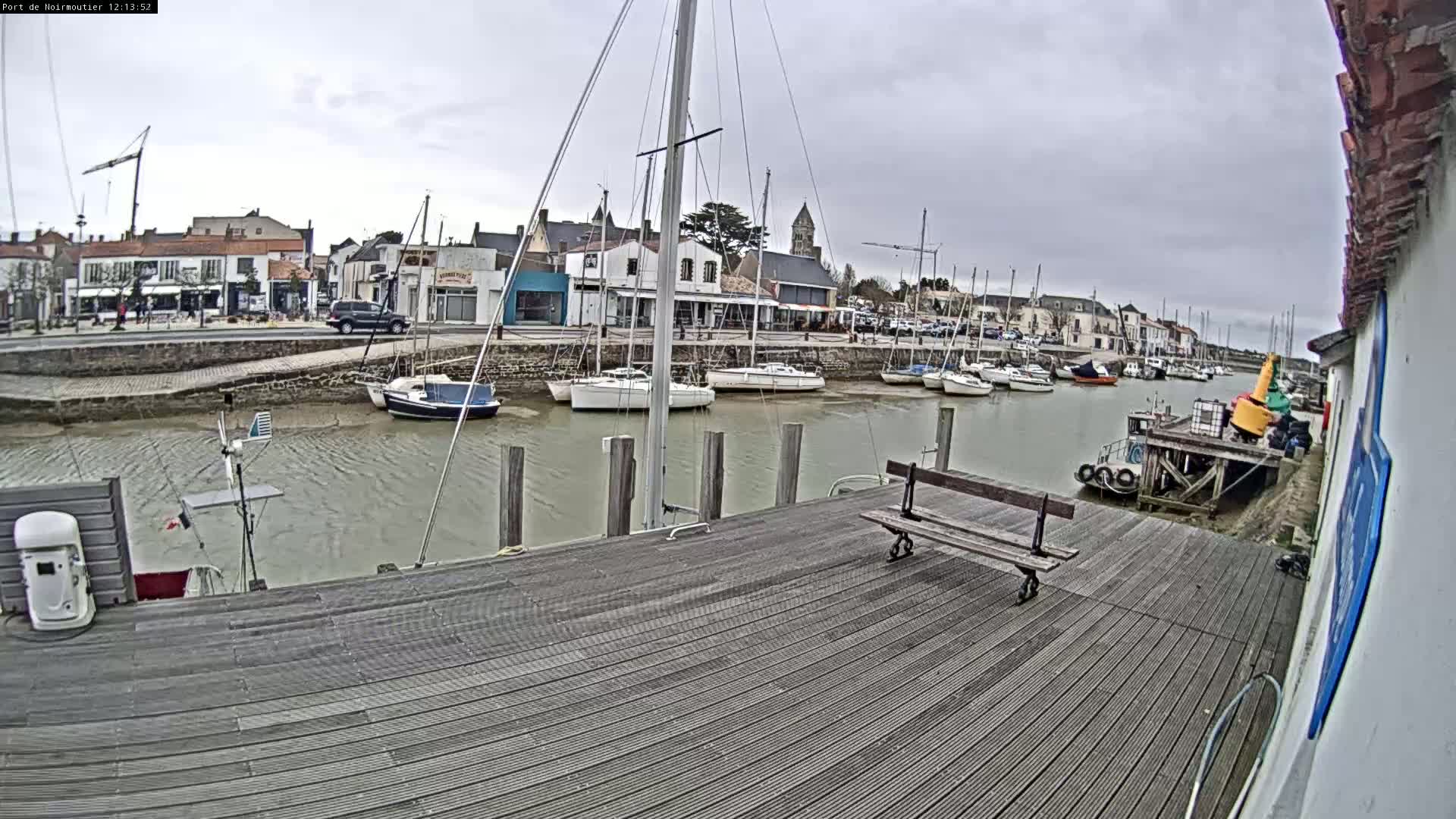 A wooden dock overlooks a calm harbor filled with sailboats, under a cloudy sky.