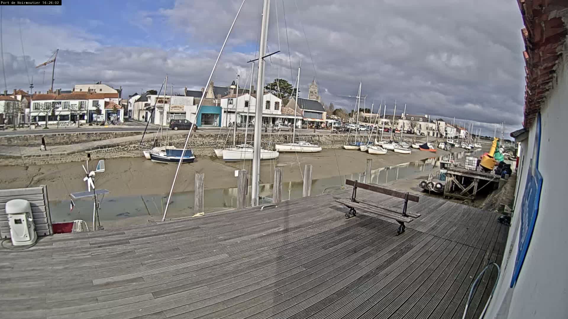A wooden dock overlooks a harbor filled with sailboats at low tide under a cloudy sky.