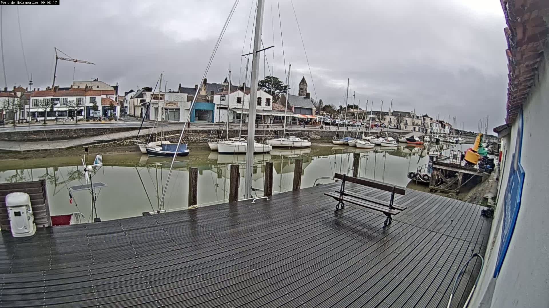 A wooden dock overlooks a calm harbor filled with sailboats moored alongside a waterfront town under an overcast sky.
